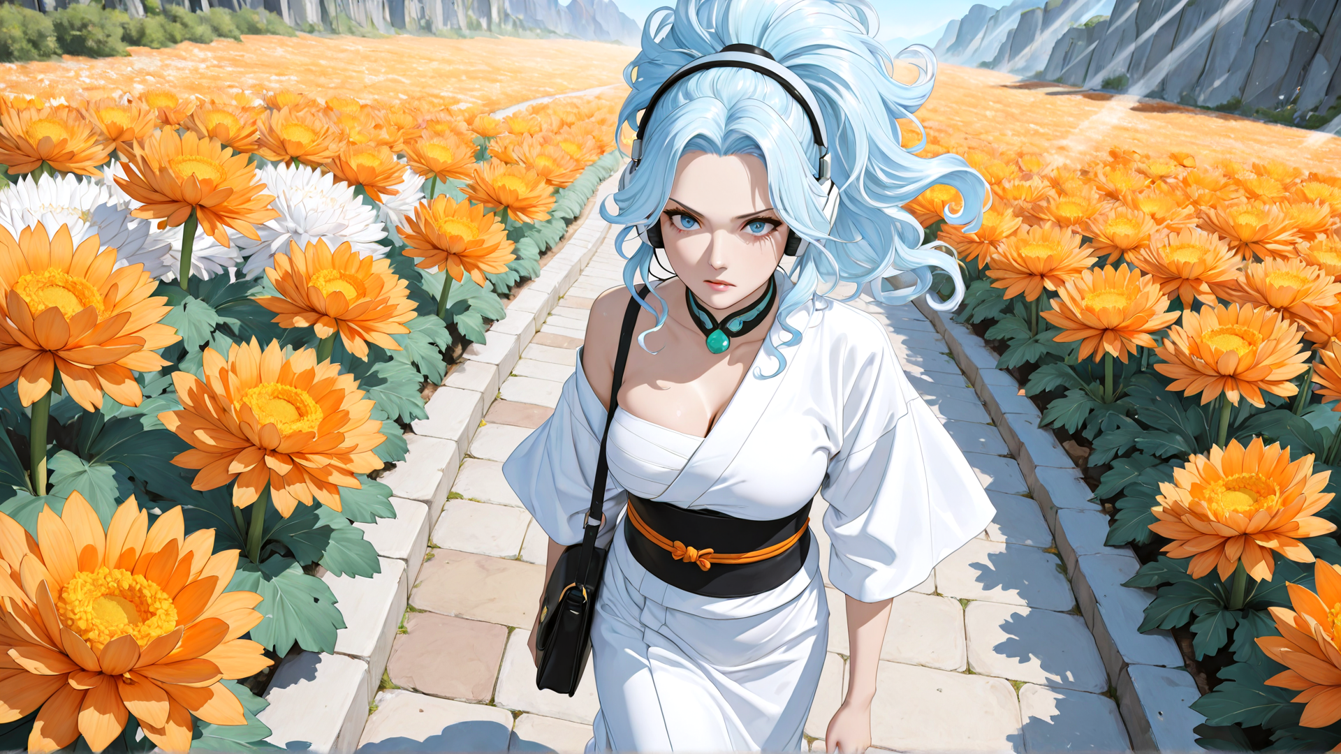 AI generated wallpaper featuring woman, flower field, headphones, kimono, handbag