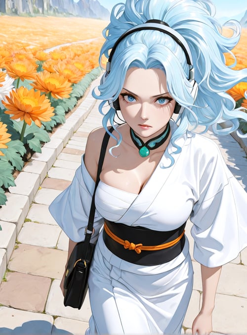 woman, flower field, headphones, kimono, handbag