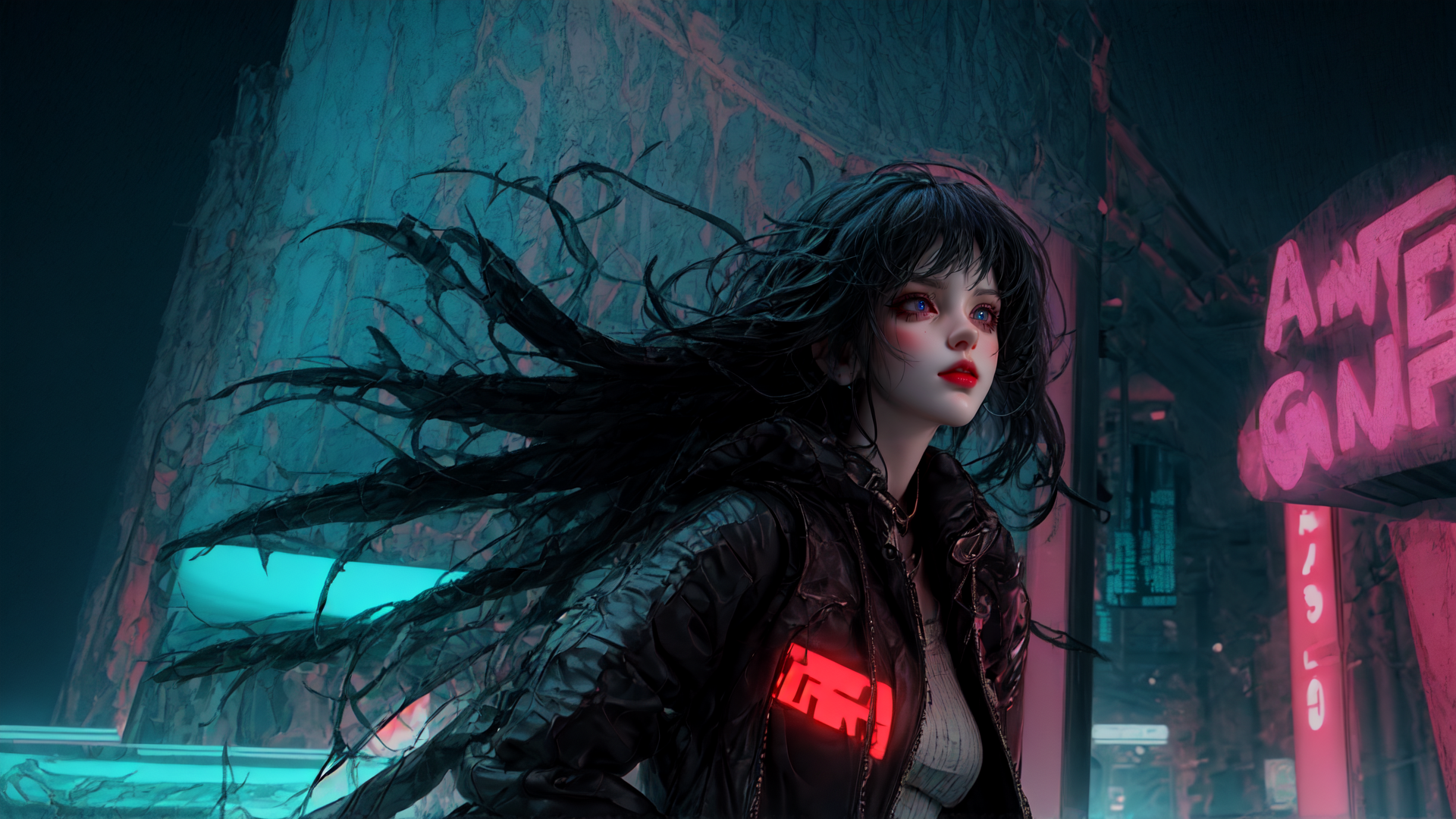 AI generated wallpaper featuring woman, cyberpunk, neon