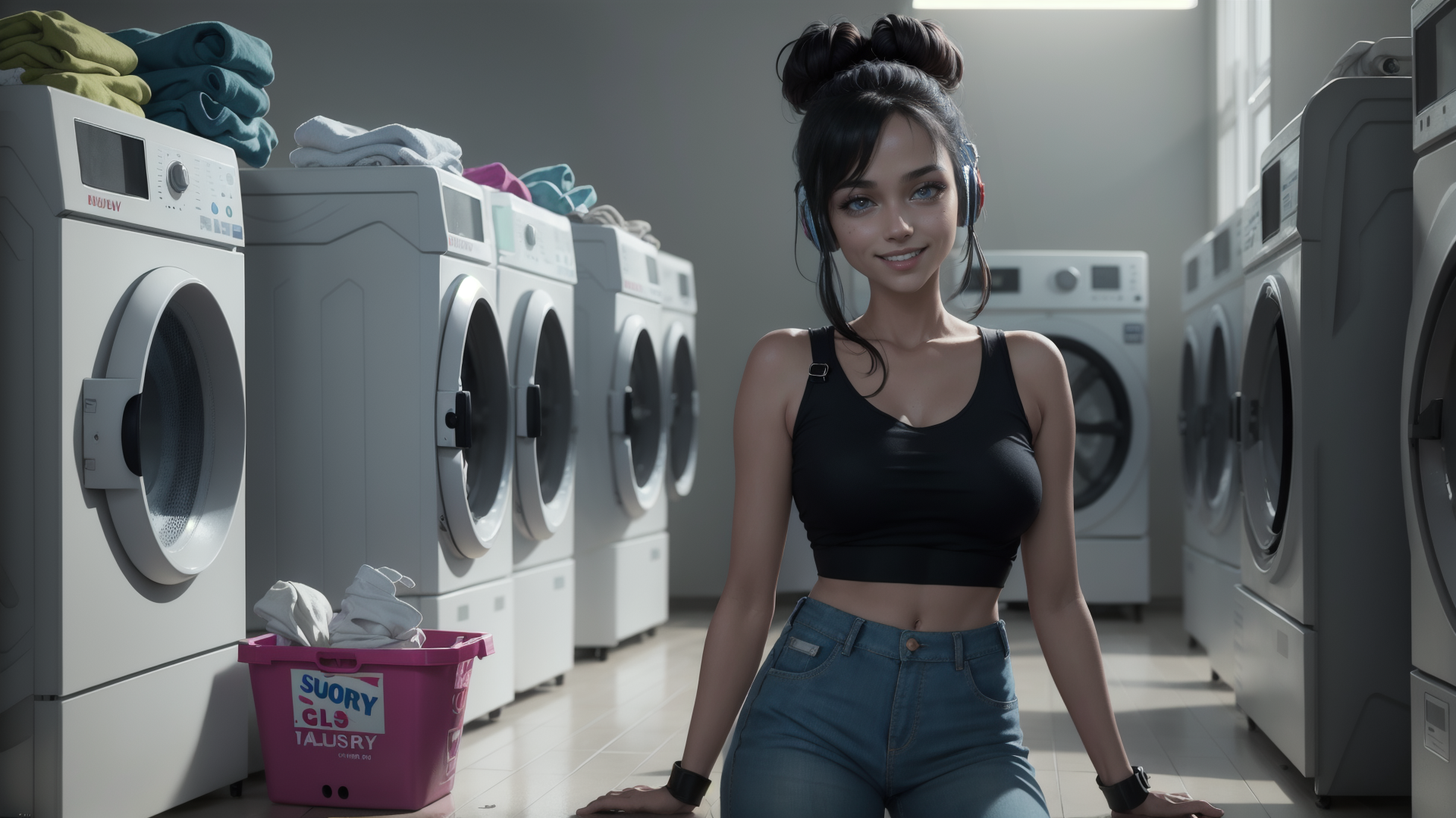 AI generated wallpaper featuring woman, laundry, washing machines