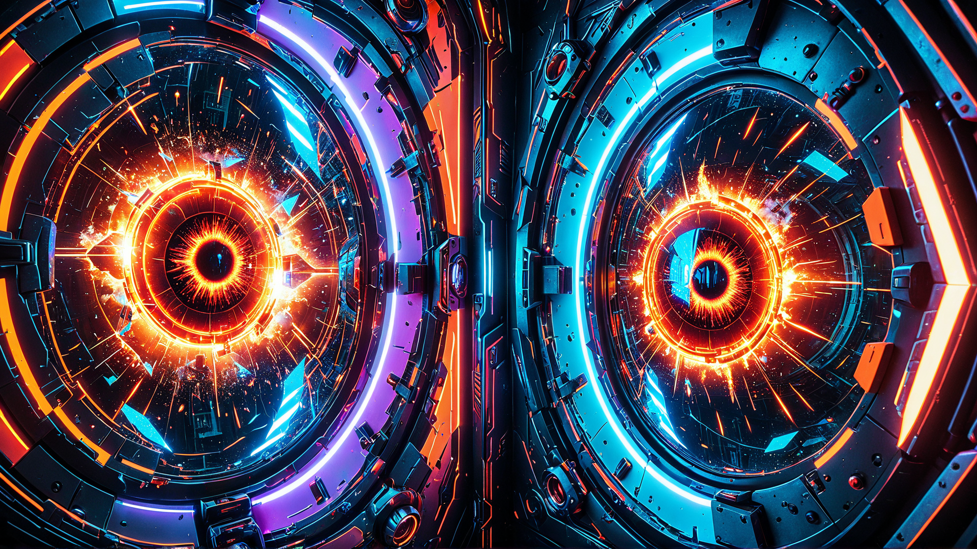 AI generated wallpaper featuring portal, gates, circular, neon, tech, warp, energy, matrix, cyber, door