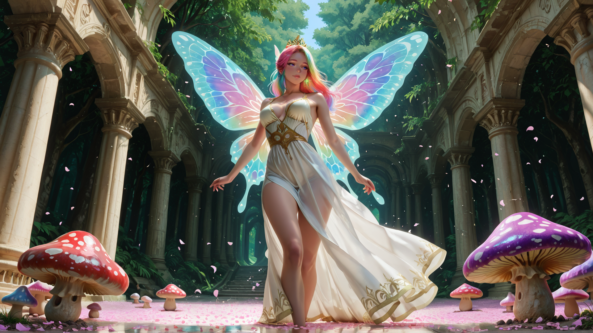 AI generated wallpaper featuring fairy, mushroom, column, petal, dress, wing, tree, arch, stone, garden