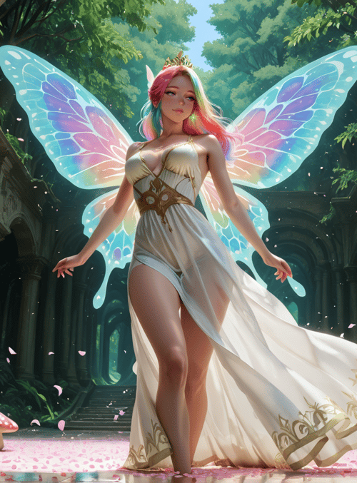 fairy, mushroom, column, petal, dress, wing, tree, arch, stone, garden