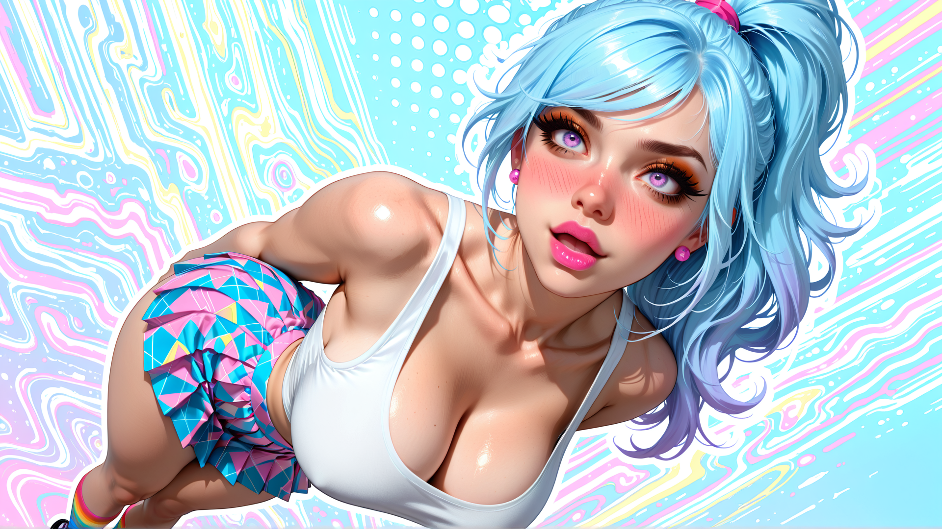 AI generated wallpaper featuring woman, character, blonde, hair, swimwear, tank top, high ponytail, earrings, sweat, tattoo