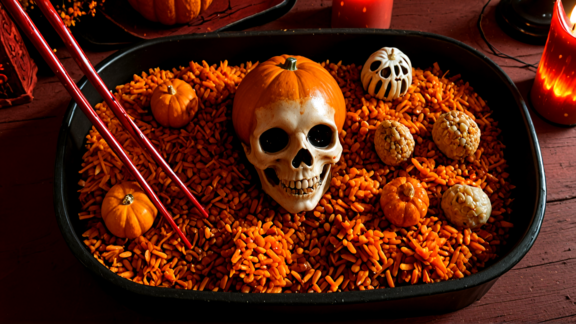 AI generated wallpaper featuring skull, pumpkin, candle, rice, pinecone, chopsticks, jack-o'-lantern, candies