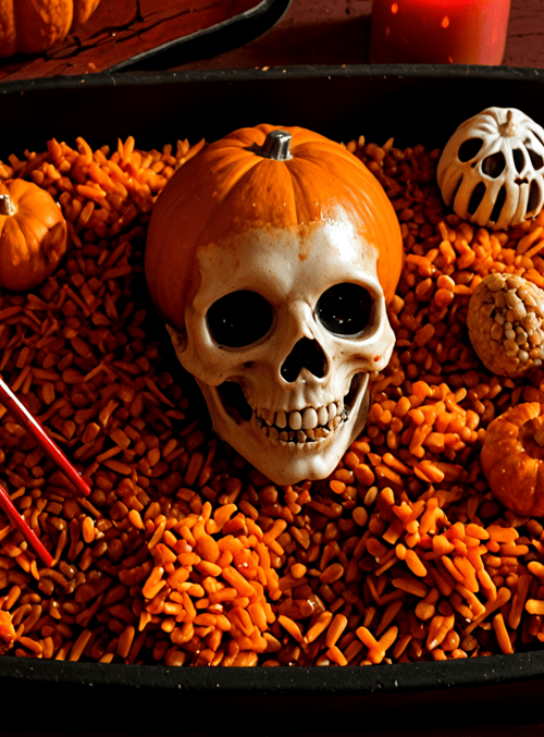 skull, pumpkin, candle, rice, pinecone, chopsticks, jack-o'-lantern, candies