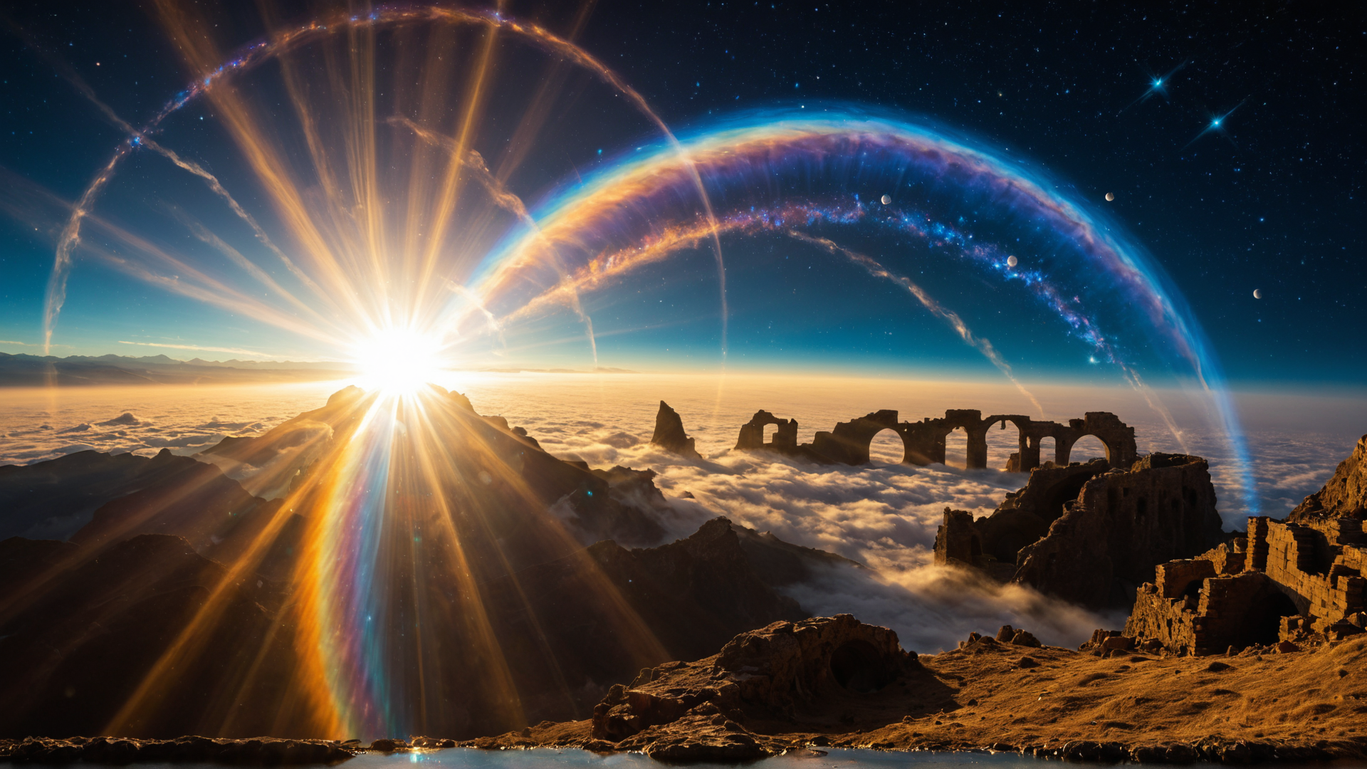 AI generated wallpaper featuring sun, ruins, clouds, mountains, galaxy, stars, arc, sunset, sky, planet