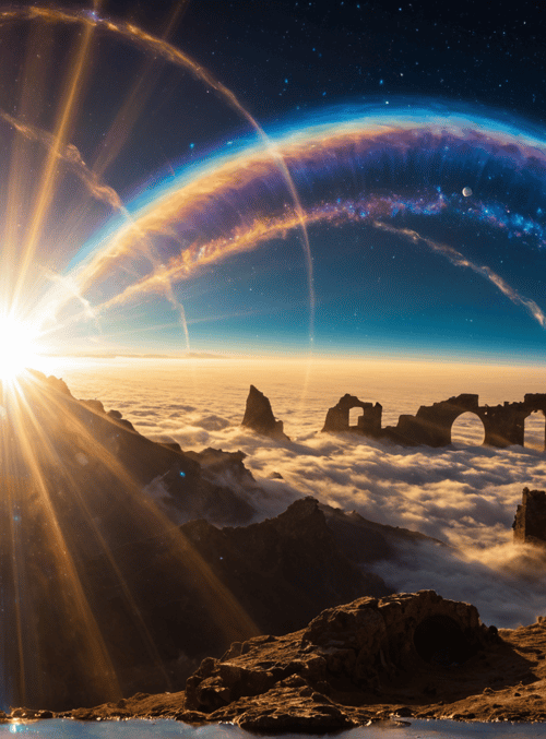 sun, ruins, clouds, mountains, galaxy, stars, arc, sunset, sky, planet