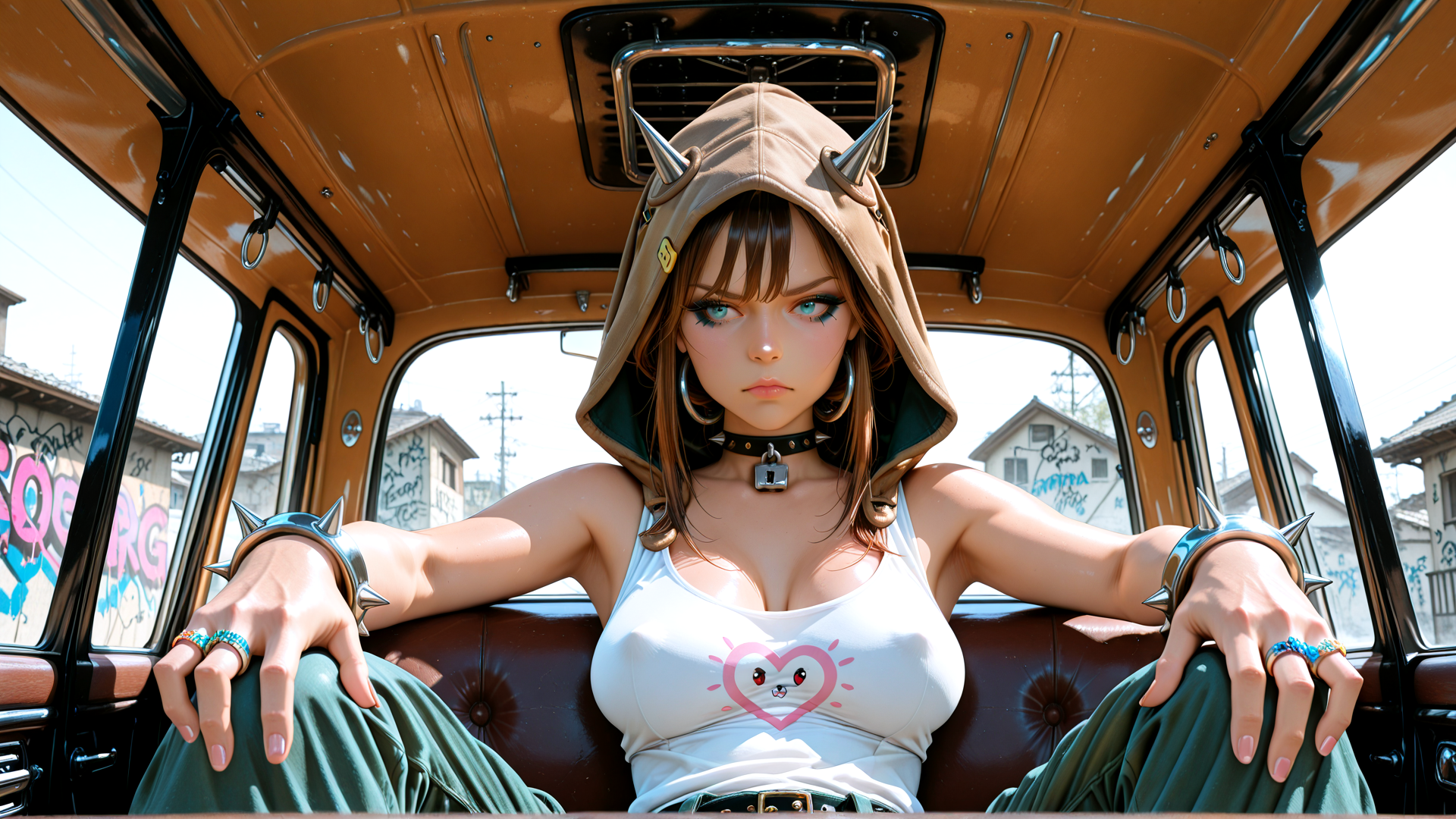 AI generated wallpaper featuring woman, bus, hood, spikes, tanktop, gloves, graffiti, buildings, rings, choker