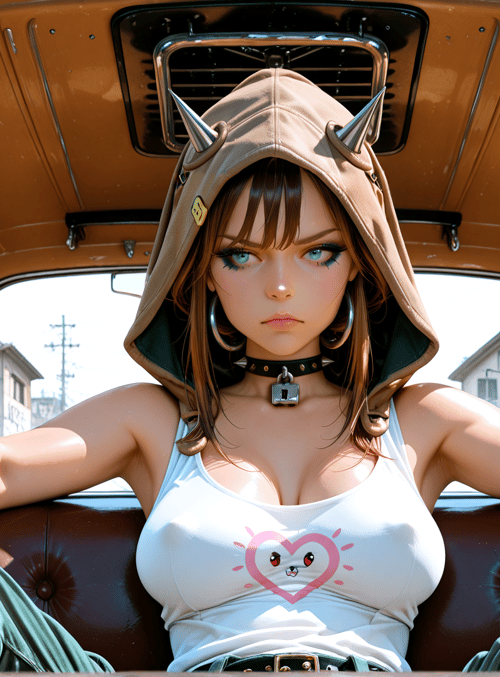 woman, bus, hood, spikes, tanktop, gloves, graffiti, buildings, rings, choker