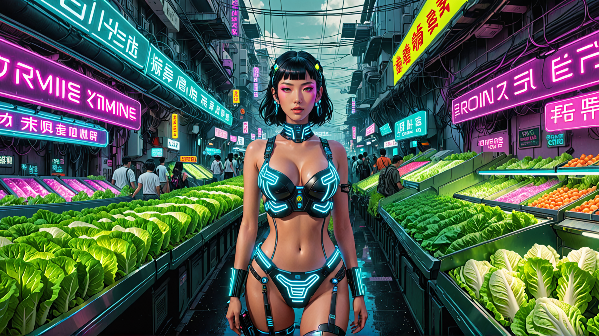 AI generated wallpaper featuring woman, market, neon, vegetables, cyberpunk, signs, street, technology, fashion, lifestyle