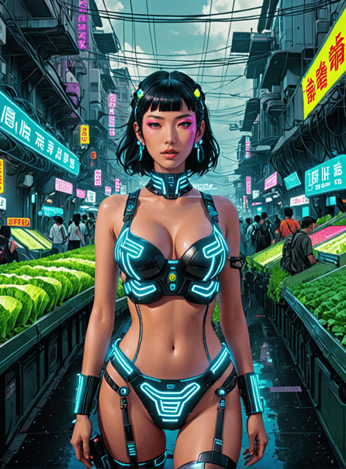 woman, market, neon, vegetables, cyberpunk, signs, street, technology, fashion, lifestyle