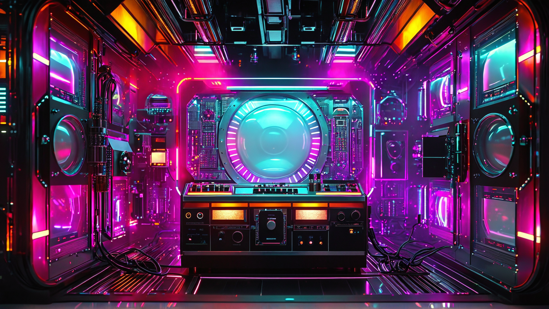 AI generated wallpaper featuring speakers, control panel, neon lights, circuit boards, laptop, monitor, gadgets, hologram, wires, display