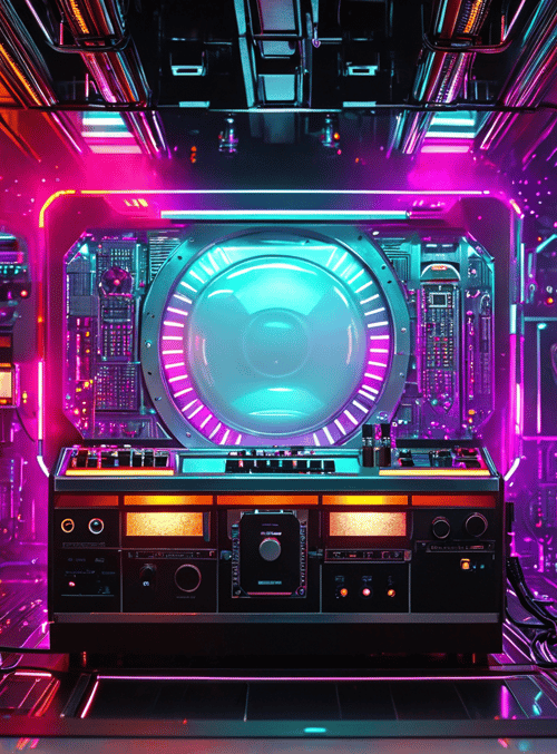 speakers, control panel, neon lights, circuit boards, laptop, monitor, gadgets, hologram, wires, display