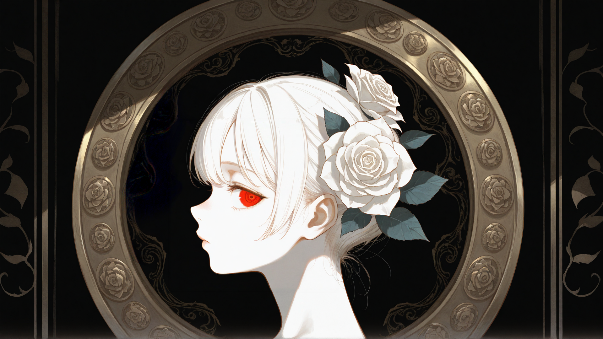 AI generated wallpaper featuring girl, rose, frame