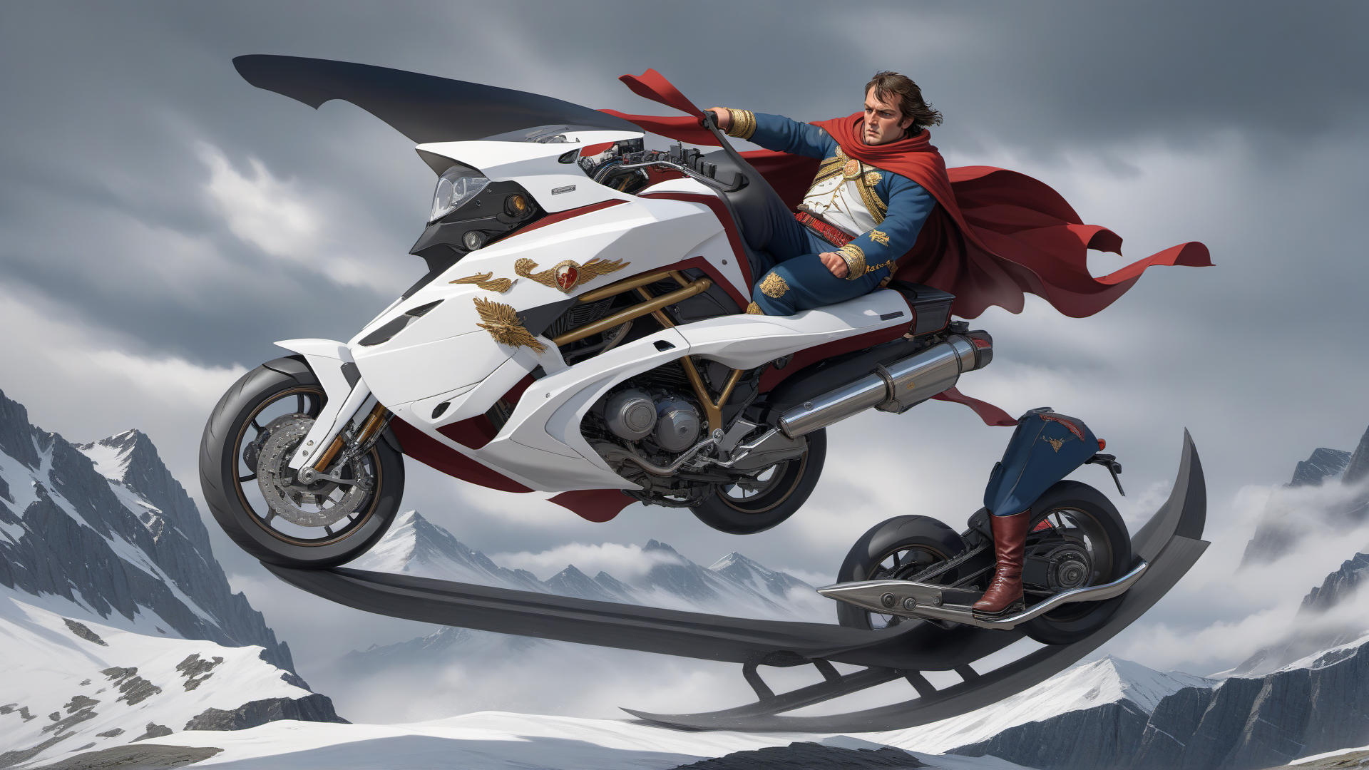 AI generated wallpaper featuring superman, motorcycle, mountain