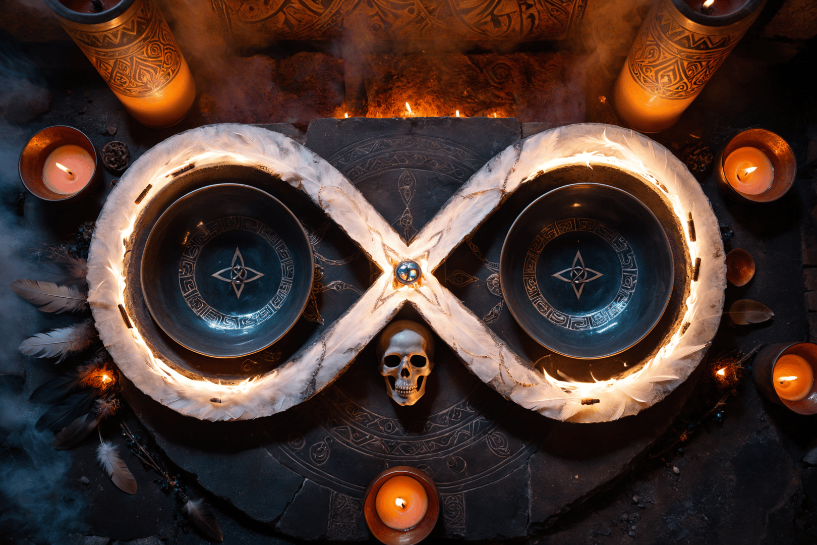AI generated wallpaper featuring bowls, skull, candles