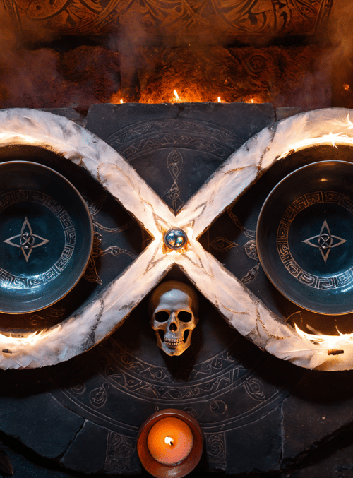 bowls, skull, candles