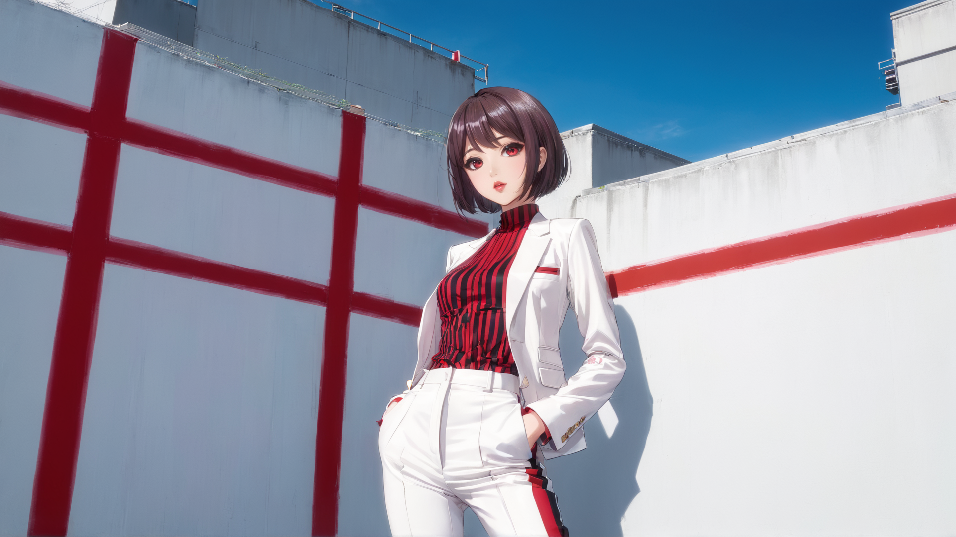 AI generated wallpaper featuring anime girl, business suit, short hair