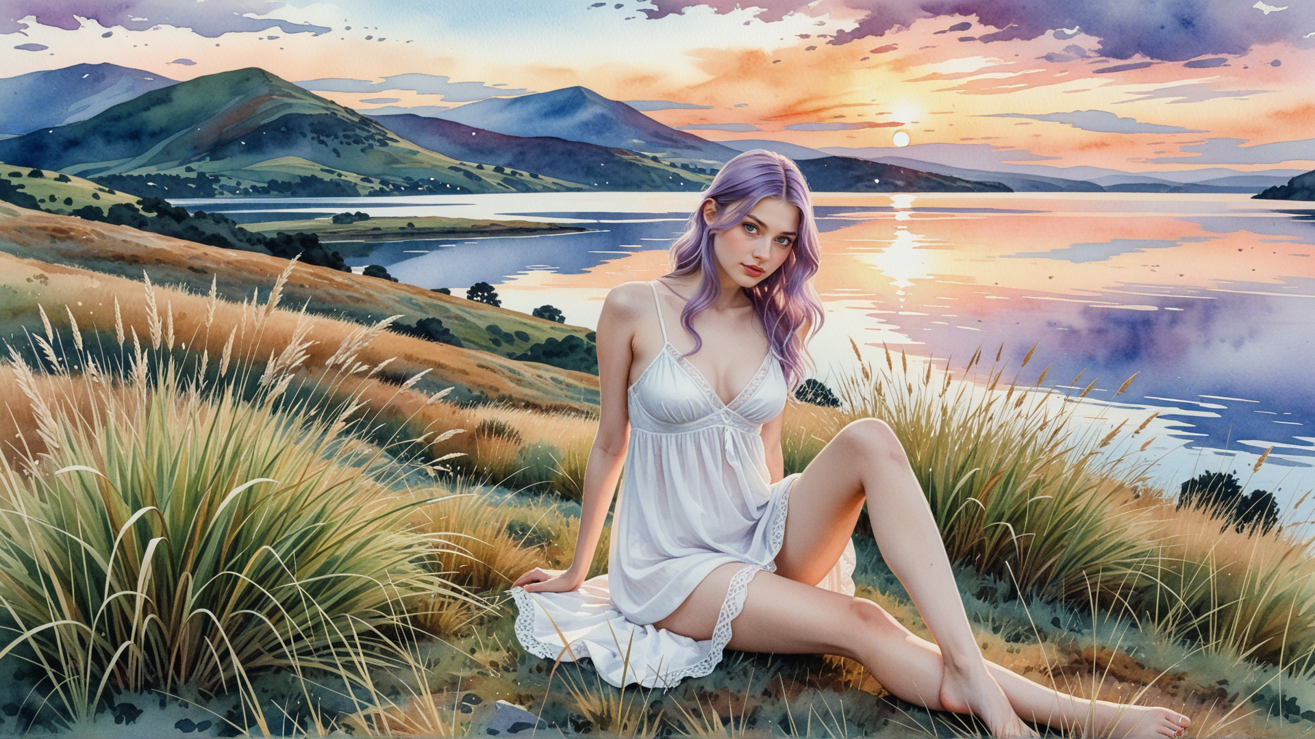 AI generated wallpaper featuring woman, lawn, lake, mountain, sun
