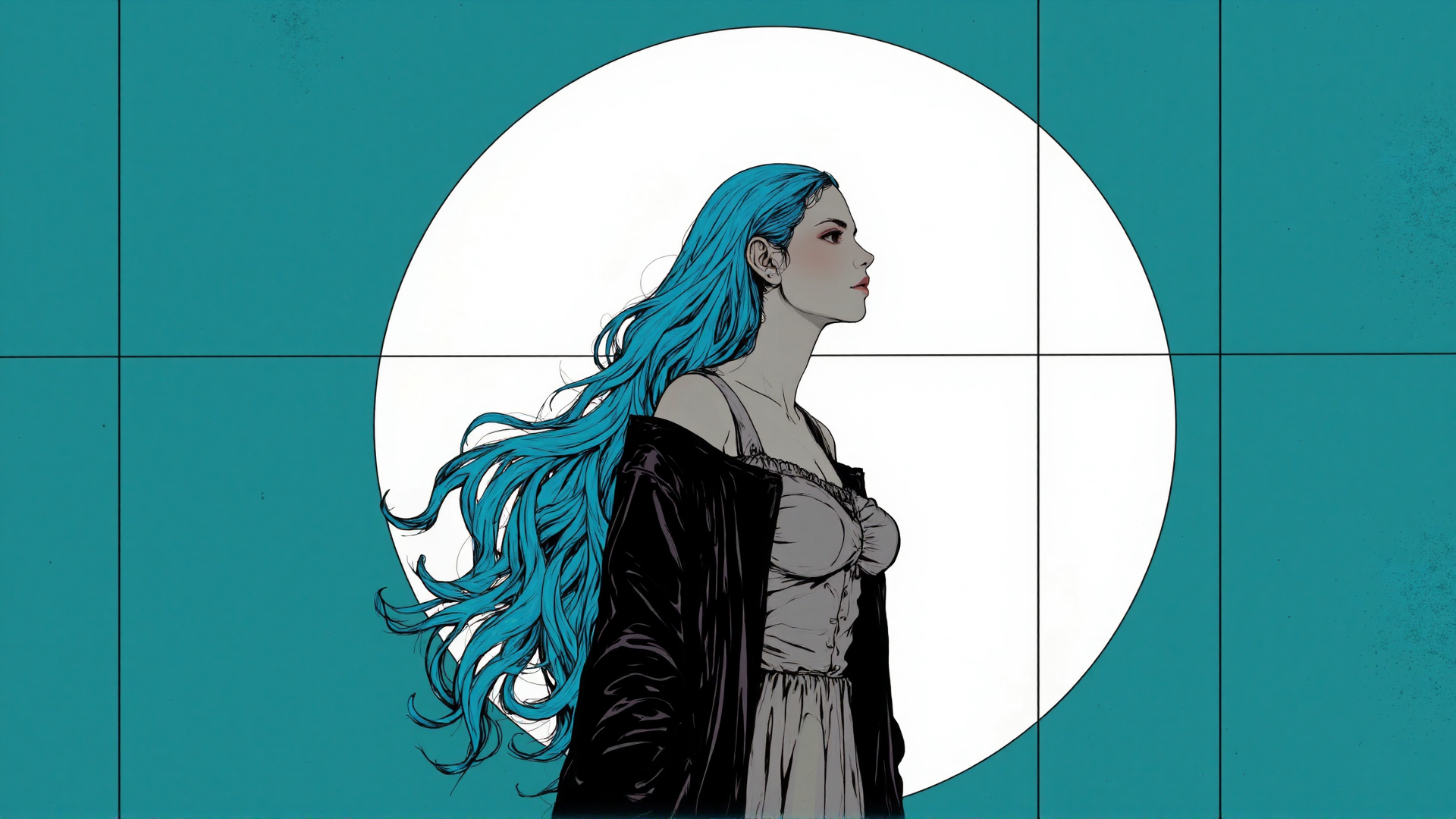 AI generated wallpaper featuring woman, blue hair, dress, cape