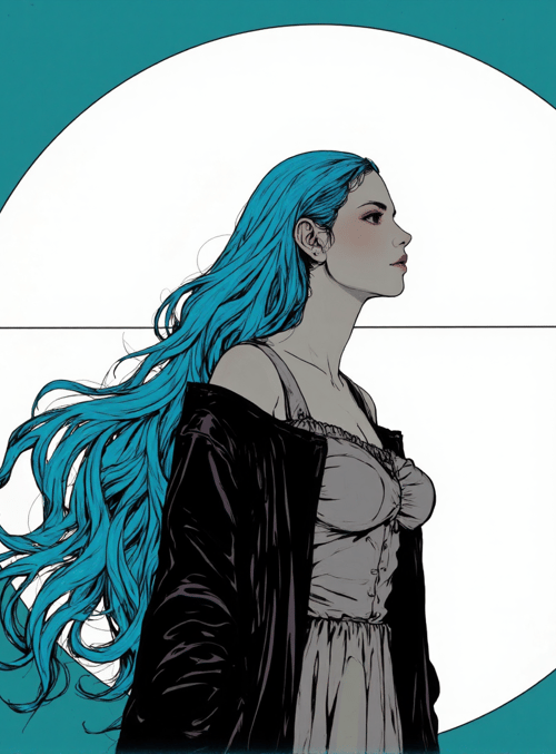 woman, blue hair, dress, cape