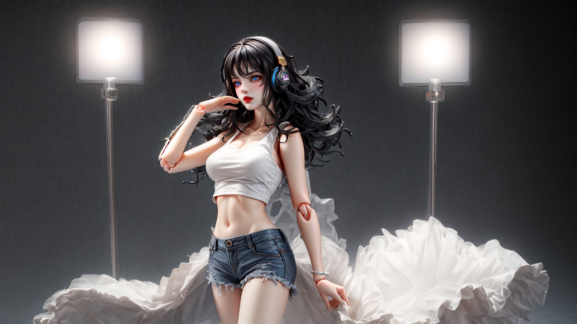 AI generated wallpaper featuring woman, headphones, dress