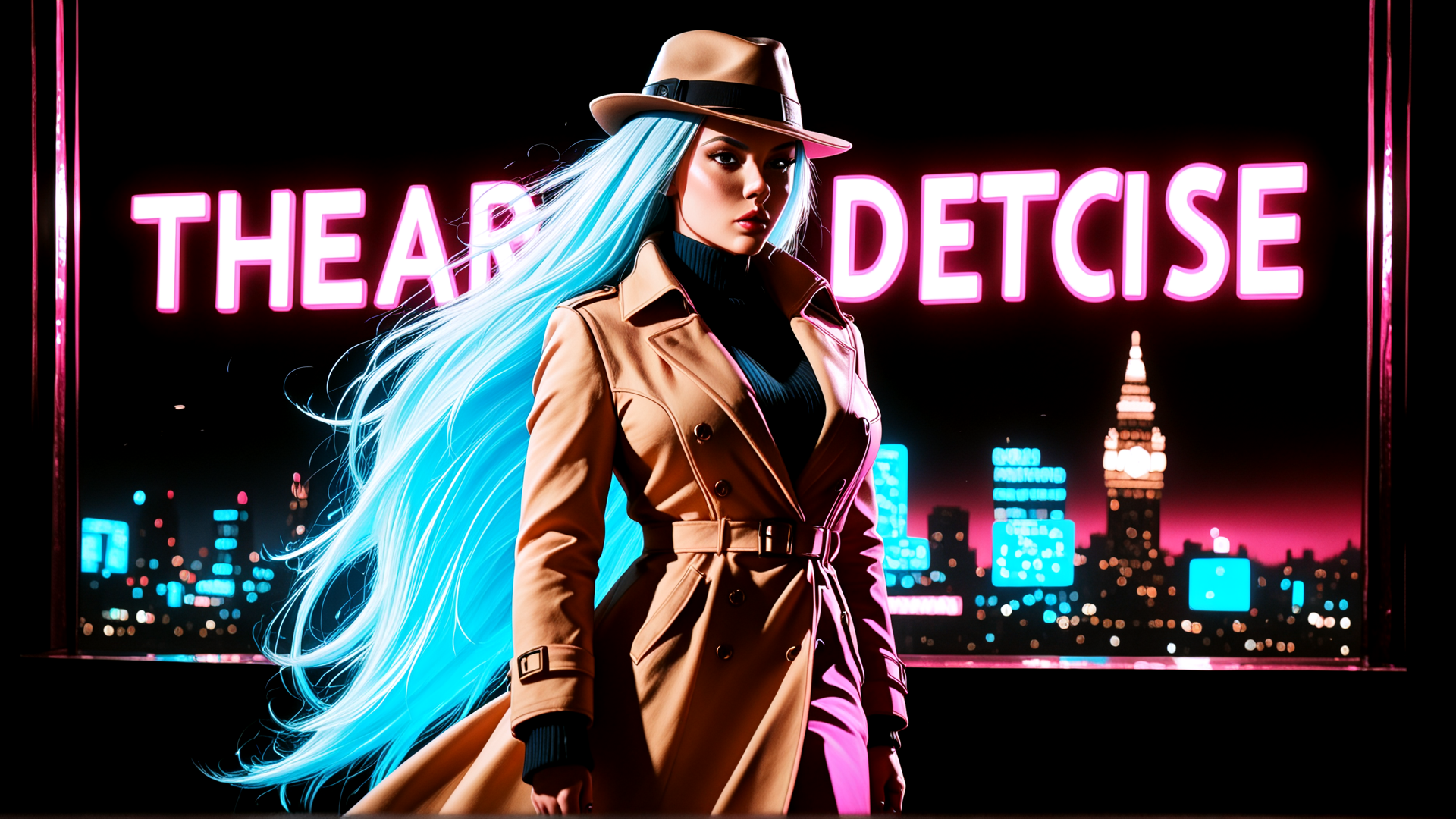 AI generated wallpaper featuring woman, hat, coat, neon sign, cityscape, hair