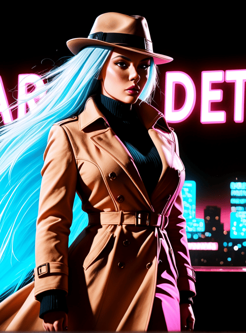 woman, hat, coat, neon sign, cityscape, hair