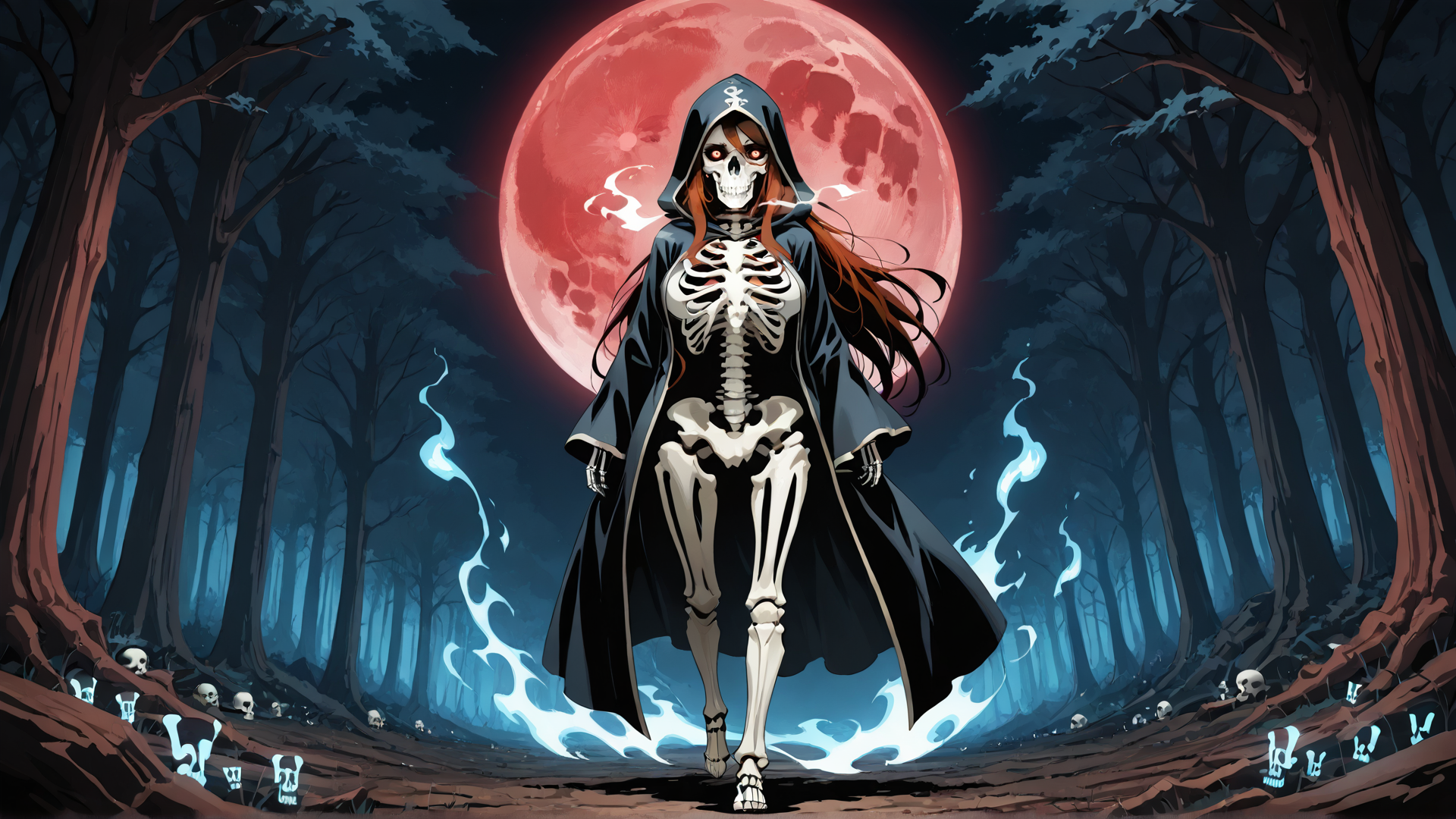 AI generated wallpaper featuring skeleton, hooded figure, forest, red moon, skulls, ghostly flames, trees, bones, dark, smoke