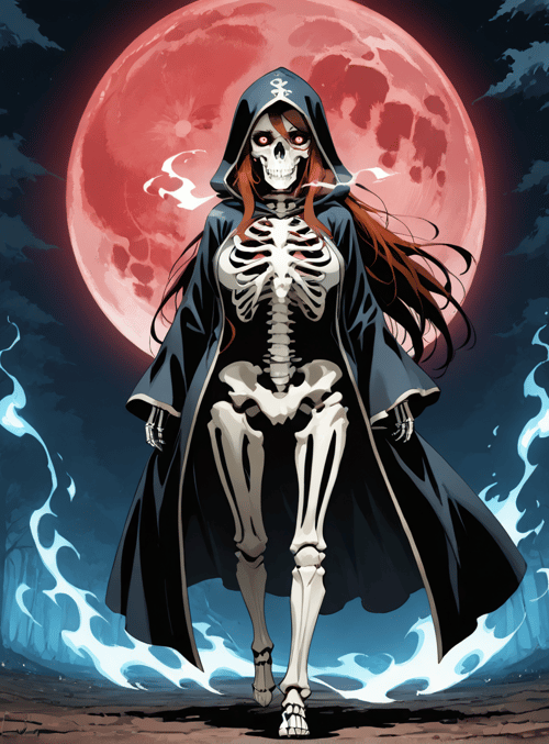 skeleton, hooded figure, forest, red moon, skulls, ghostly flames, trees, bones, dark, smoke