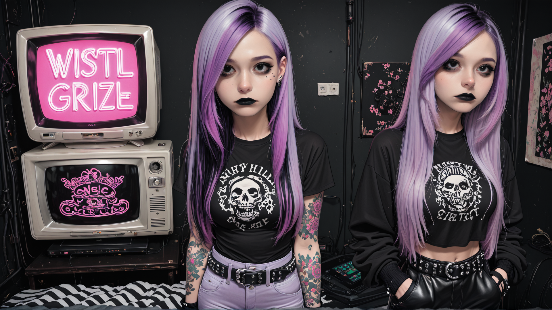 AI generated wallpaper featuring woman, tattoo, skull, television, hair, belt, clothing, artwork, room, screen
