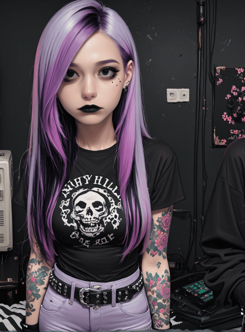 woman, tattoo, skull, television, hair, belt, clothing, artwork, room, screen