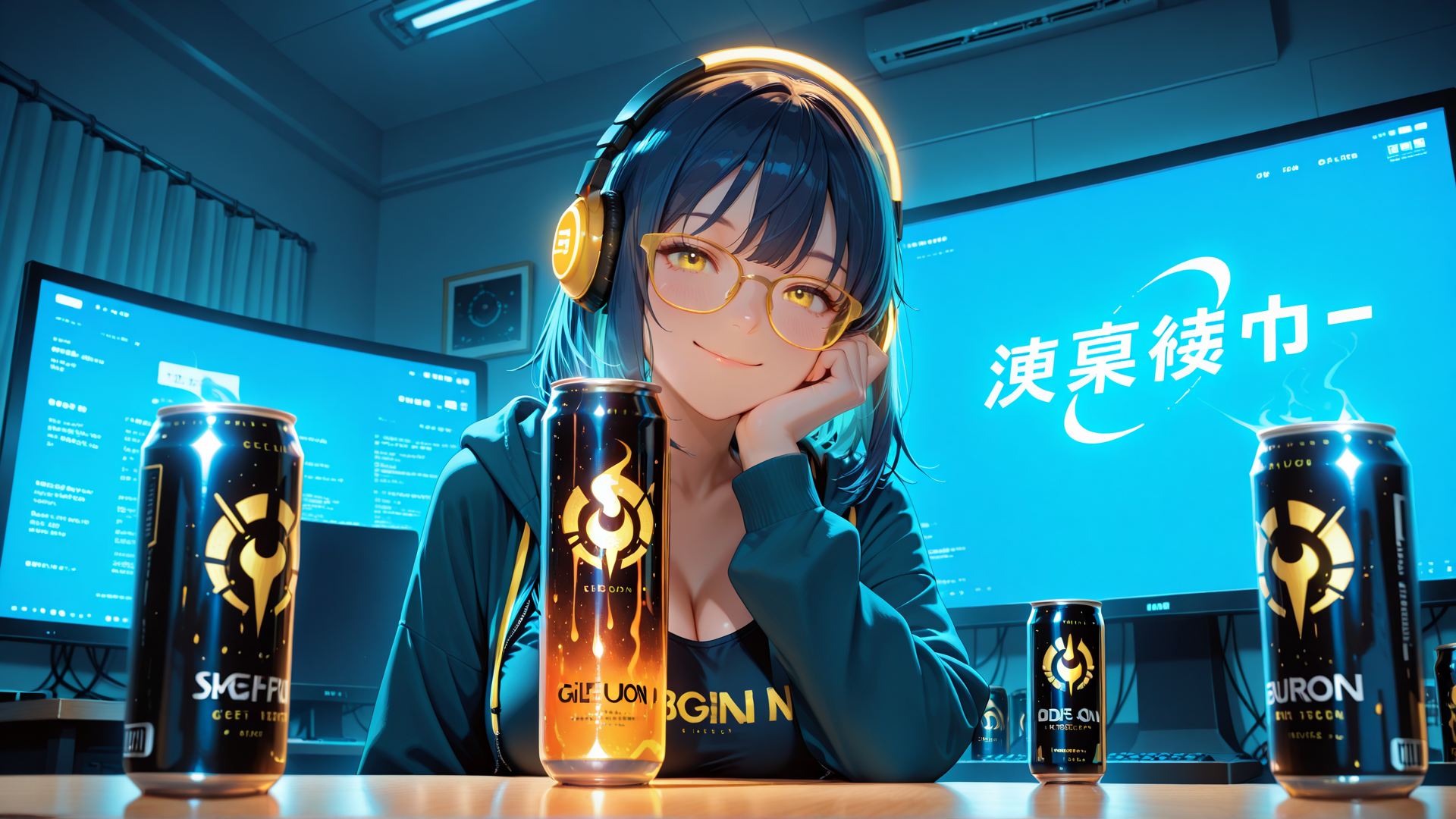 AI generated wallpaper featuring anime girl, headphones, energy drink cans, computer monitor, desk, glasses