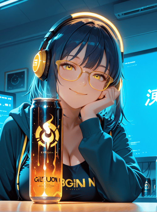 anime girl, headphones, energy drink cans, computer monitor, desk, glasses