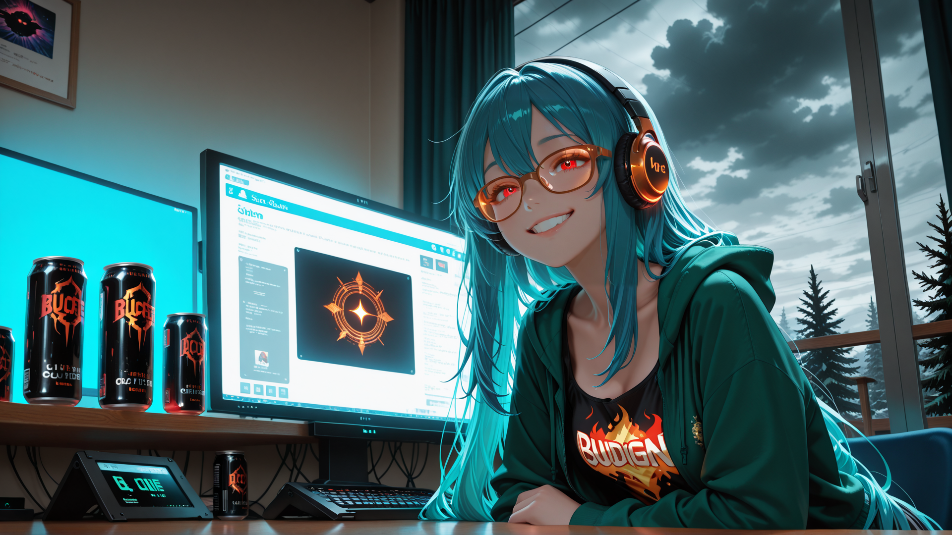 AI generated wallpaper featuring girl, headphones, computer, monitor, cans, glasses, hoodie, t-shirt, keyboard, screen