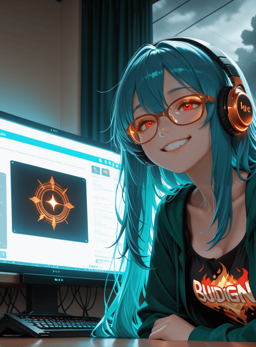 girl, headphones, computer, monitor, cans, glasses, hoodie, t-shirt, keyboard, screen