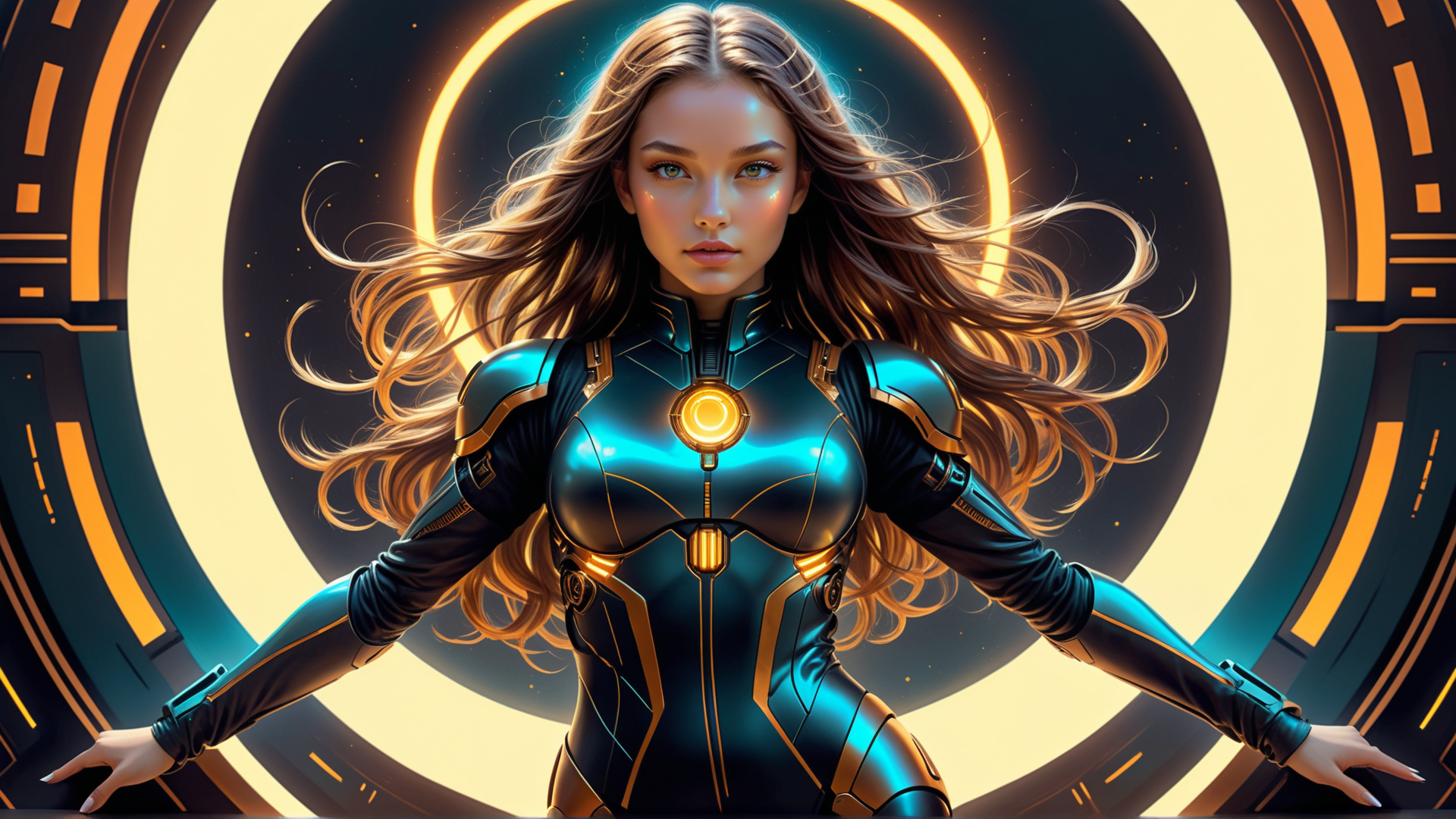 AI generated wallpaper featuring woman, cyborg, robot, suit, helix, glasses, hair, arms, body, armor