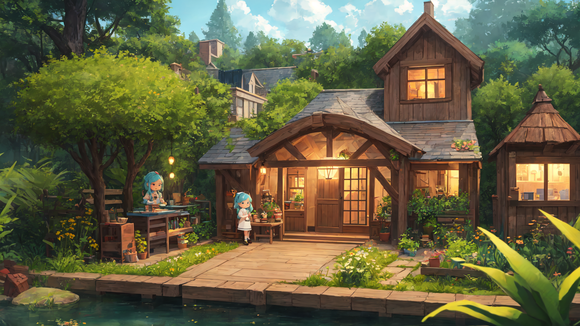 AI generated wallpaper featuring house, girl, garden, trees, water, flowers, window, door, light, plants