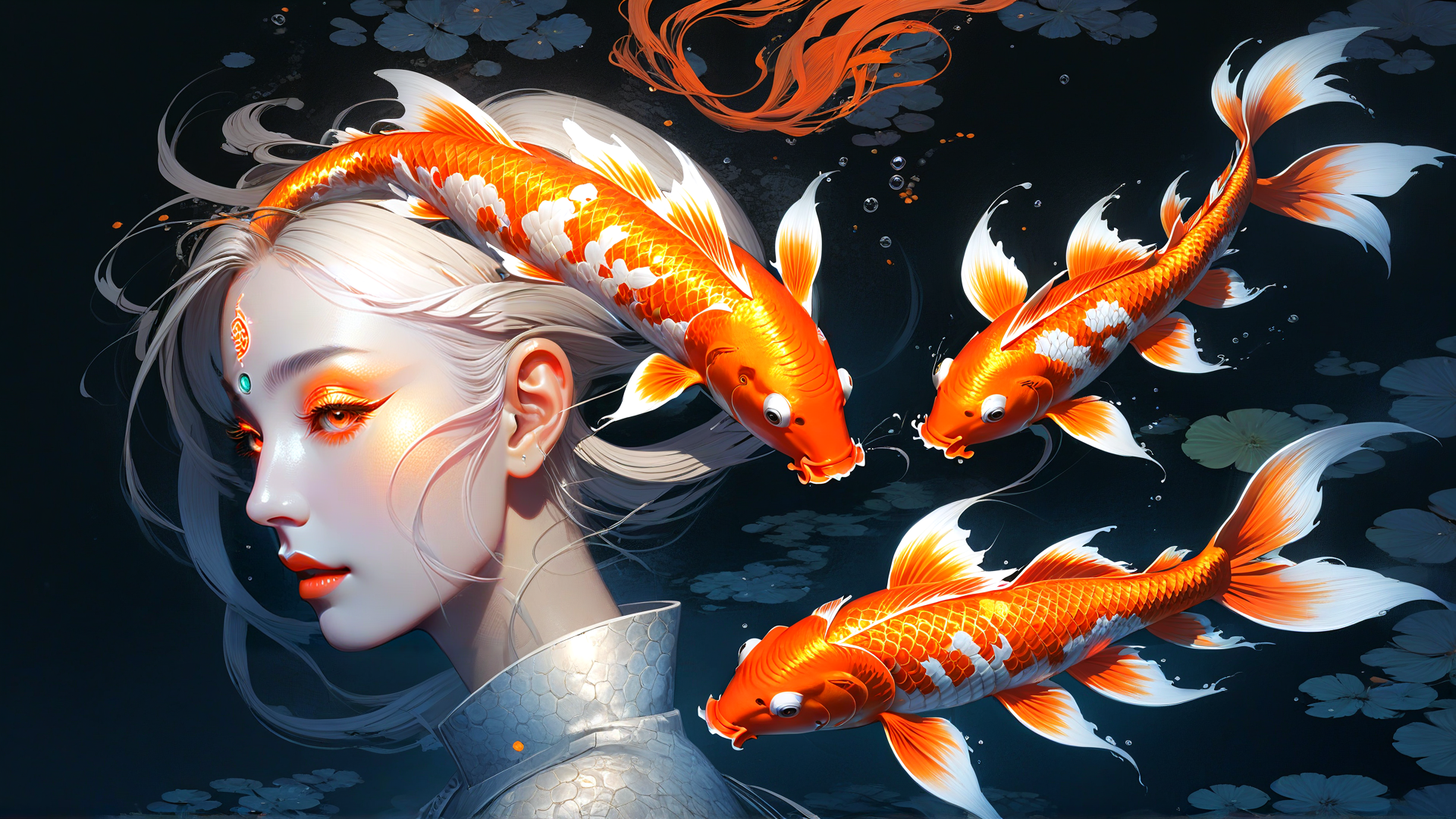 AI generated wallpaper featuring woman, koi fish, lotus, hair, bubbles