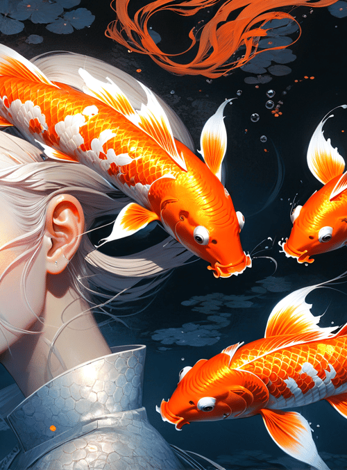 woman, koi fish, lotus, hair, bubbles