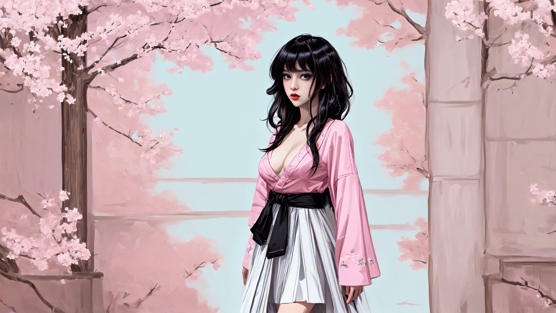 AI generated wallpaper featuring woman, cherry blossoms, kimono