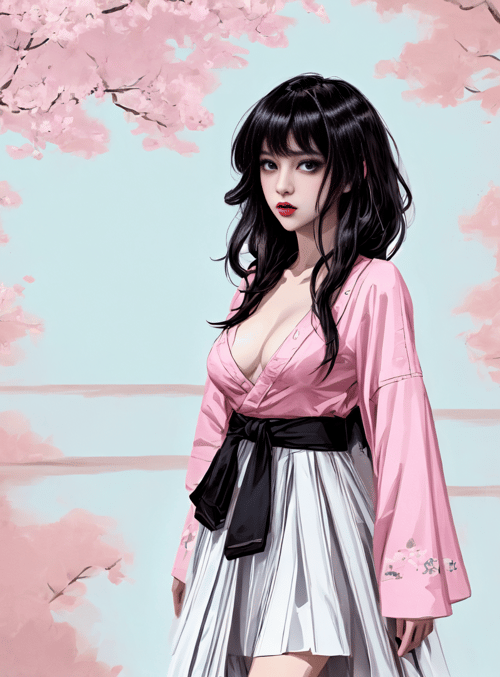 woman, cherry blossoms, kimono