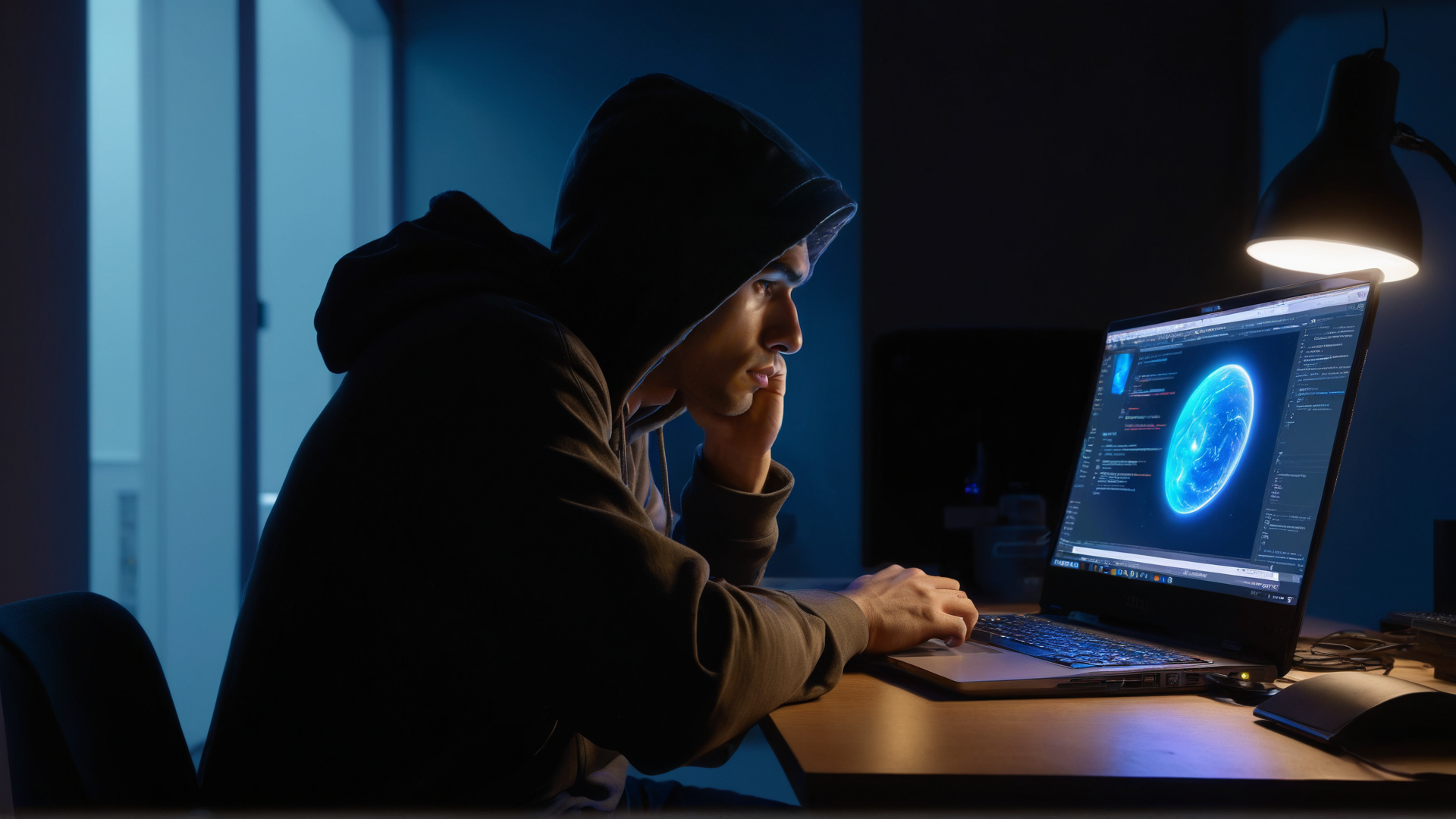 AI generated wallpaper featuring hacker, computer, laptop