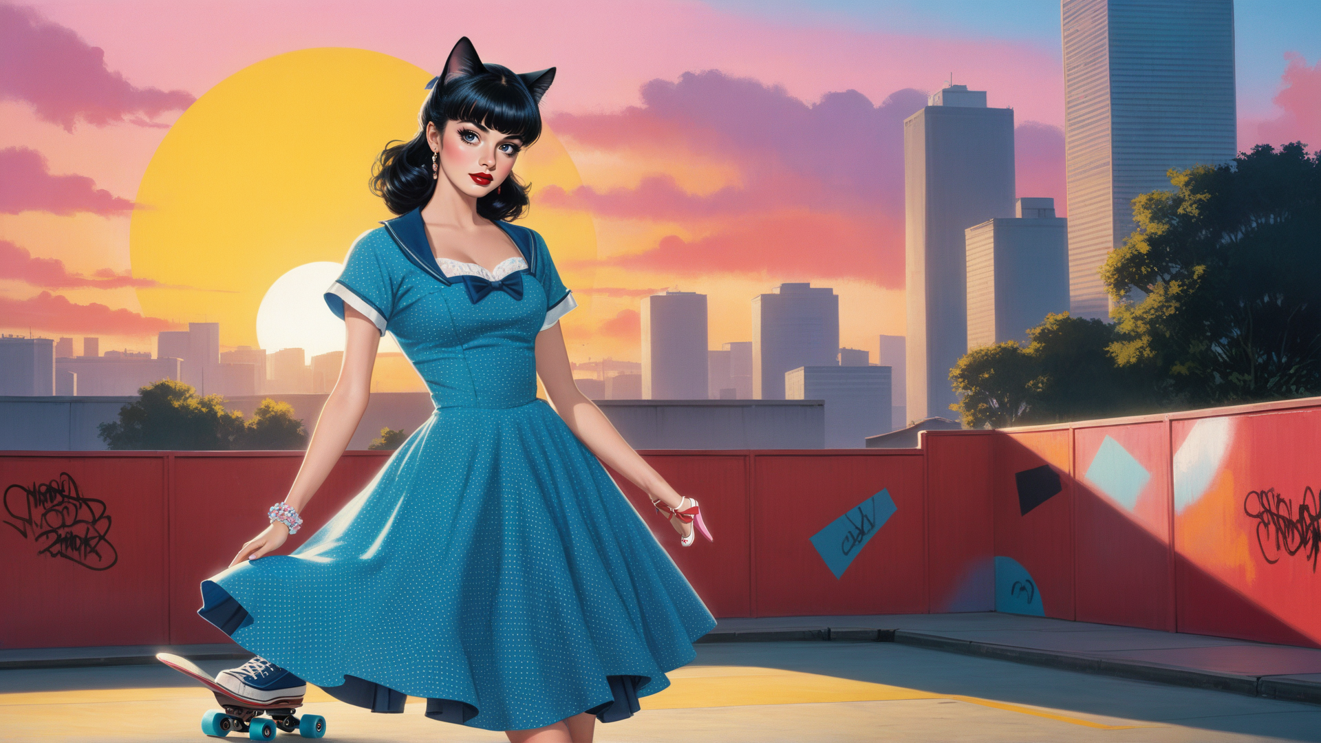 AI generated wallpaper featuring woman, skateboard, cityscape