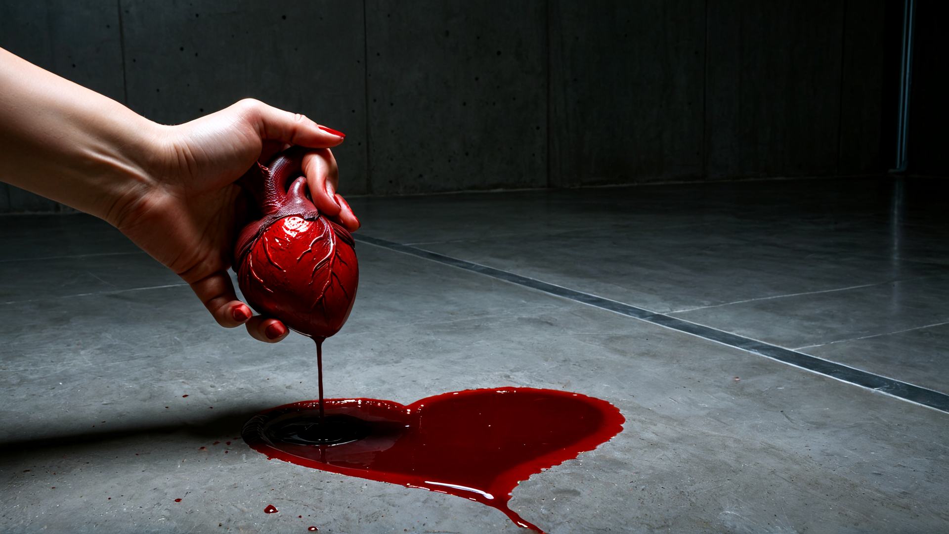AI generated wallpaper featuring hand, heart, blood, concrete, floor