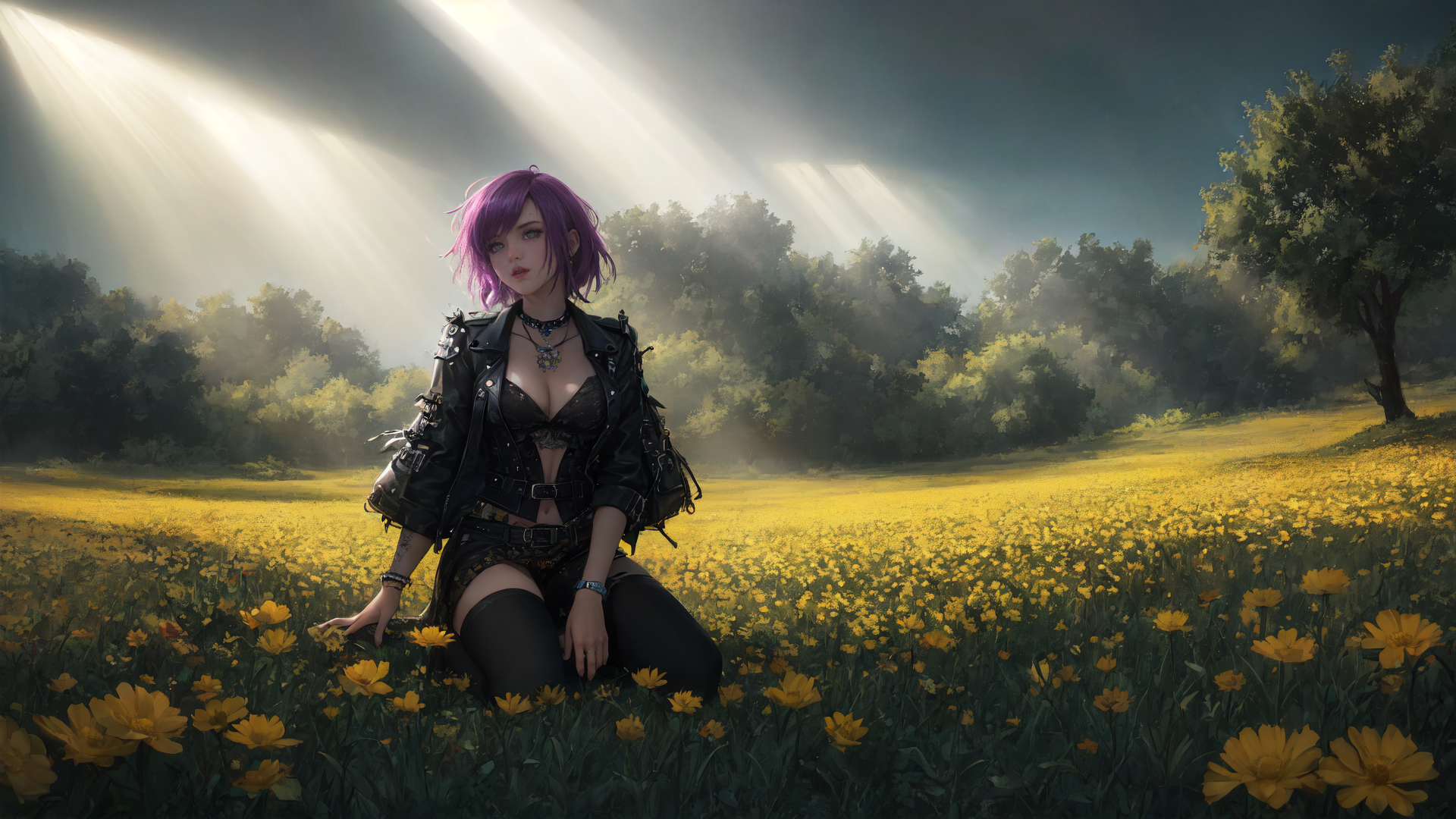 AI generated wallpaper featuring woman, field, flowers