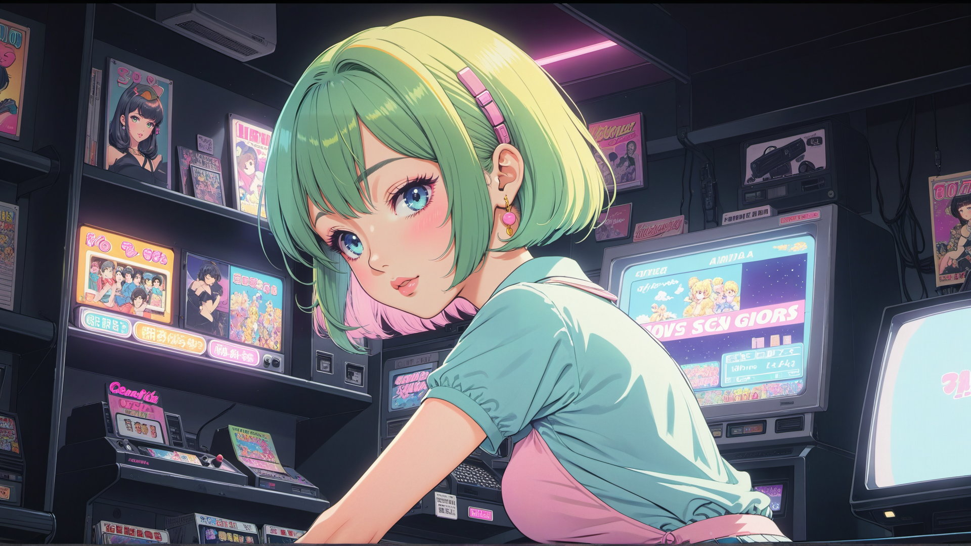 AI generated wallpaper featuring girl, arcade, game