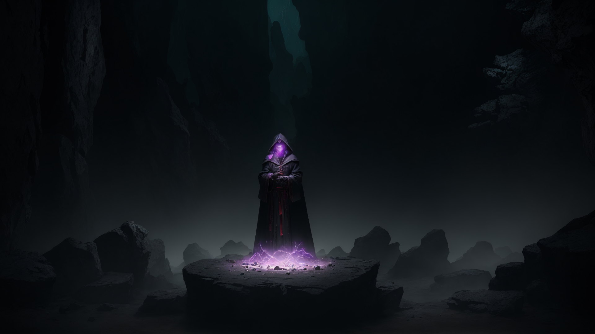 AI generated wallpaper featuring hooded figure, wizard, rock