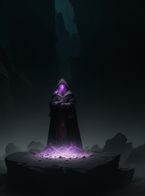 hooded figure, wizard, rock